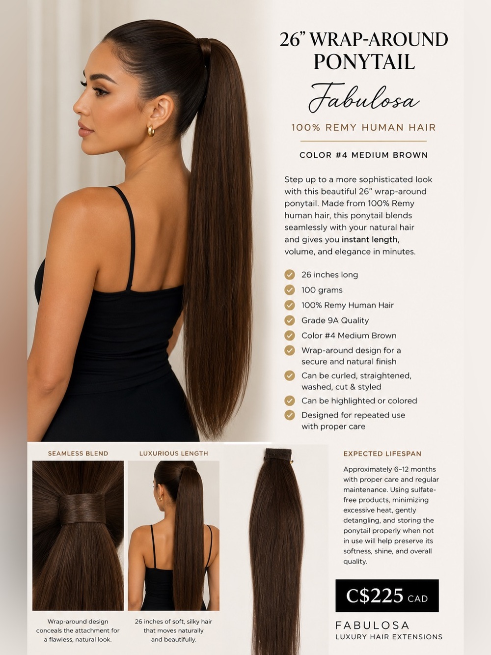 Wrap-Around 26” Ponytail- Color #4 Medium Brown 100% Remy Human Hair